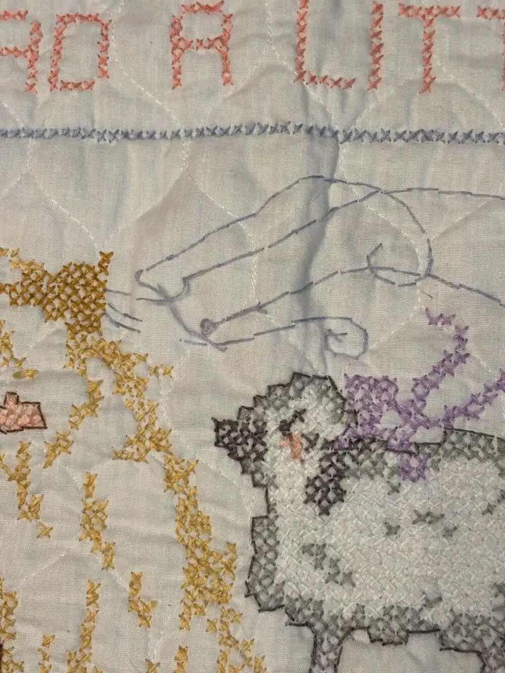 Vintage Hand-Stitched Nursery Rhyme Cross-Stitch Quilt